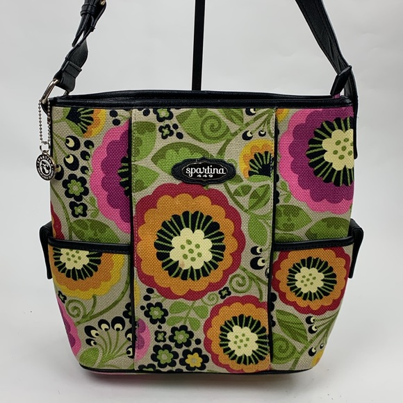 Spartina 449 Signature Floral Shoulder Bag Daufuskie Island Linen & Leather Zip - Picture 1 of 16